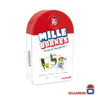 Rood-witte metalen doos van de Mille Bornes Prestige-jubileumeditie voor 70 jaar