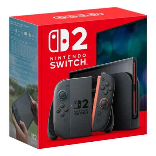 Doos van de Nintendo Switch 2 met de console, Joy-Con 2-controllers en het dock