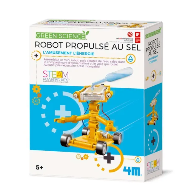 Doos van de bouwset voor een zoutwaterrobot, met een foto van de gebouwde robot
