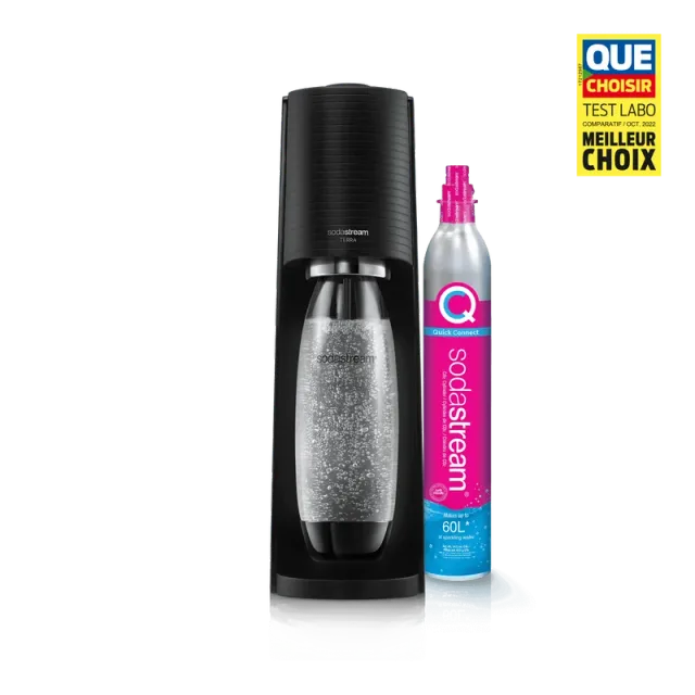 Zwarte SodaStream Terra, Fuse-fles en Quick Connect-CO₂-cilinder